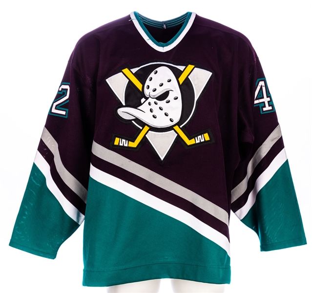 Denny Lamberts 1993-94 (Inaugural Pre-Season) / 1994-95 (Rookie Season) Anaheim Mighty Ducks Game-Worn Jersey with Team LOA - Team Repairs!