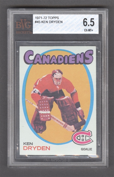 1971-72 Topps Hockey Card #45 HOFer Ken Dryden Rookie - Beckett-Graded 6.5