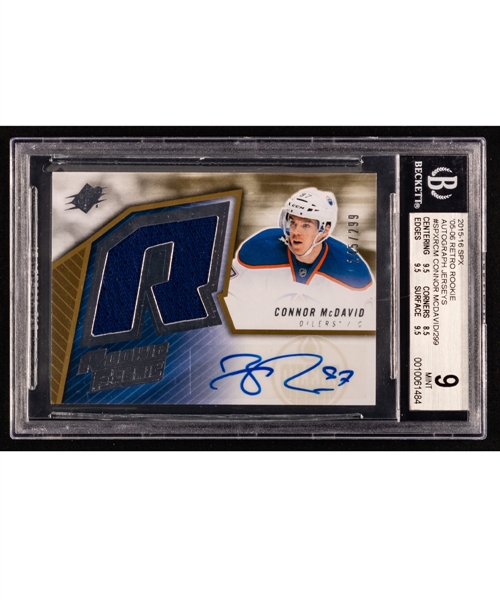 2015-16 Upper Deck SPx Hockey Card #SPXR-CM Connor McDavid Retro Rookie Jersey Autographs (245/299) Beckett-Graded 9 Mint