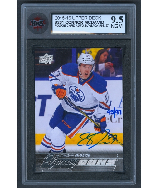 2015-16 Upper Deck Young Guns Hockey Card #201 Connor McDavid Rookie Autograph Buyback #93/97 with Upper Deck COA - Graded KSA 9.5