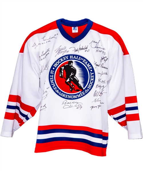 Hockey Hall of Fame Jersey Signed by 18 HOFers Including Lindsay, Kelly, Kennedy, Gadsby, Hall, Geoffrion and Other Greats
