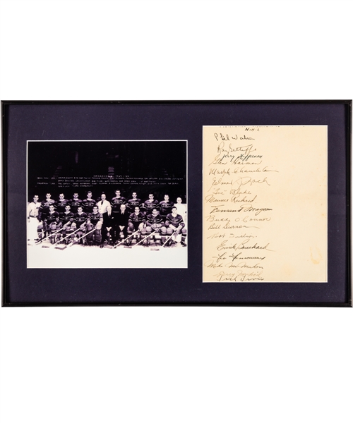 Montreal Canadiens 1943-44 Stanley Cup Champions Team-Signed Sheet Framed Display with 7 Deceased HOFers Including Irvin, Durnan, OConnor, Blake and Richard (12 ½” x 21”)