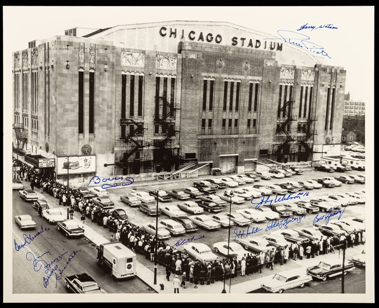 Chicago Stadium Photo Signed by 11 Former Chicago Black Hawks Players Inc Bobby Hull  (16” x 20”)