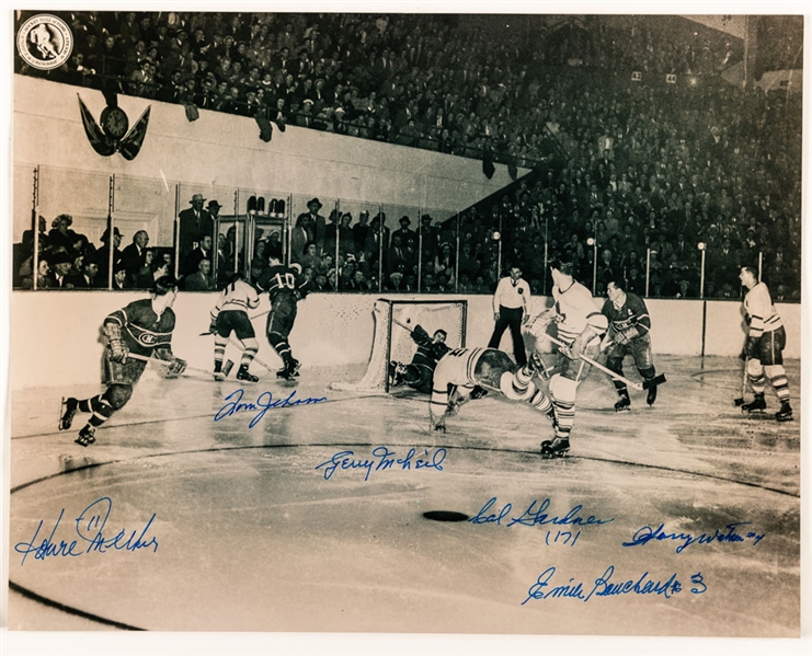 Multi-Signed Leafs/Canadiens Photo of Bill Barilkos Famous 1951 Goal with LOA (11” x 14”)