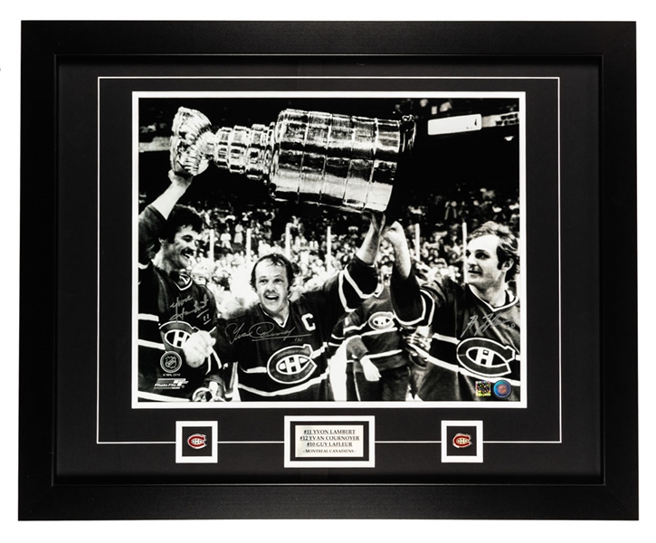 Yvon Lambert, Guy Lafleur and Yvan Cournoyer Triple-Signed Stanley Cup Celebration Photo