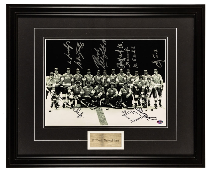 Soviet Union National Team 1972 Team-Signed Framed Photograph with Tretiak, Yakushev and Mikhailov with COA (18" x 22")