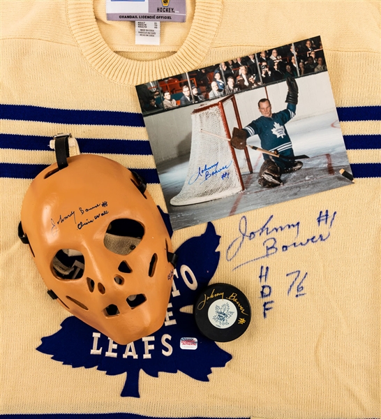 Johnny Bower Toronto Maple Leafs Signed Collection of 4 including Vintage-Style Replica Goalie Mask, Jersey, Photo and Puck with LOA 