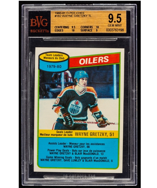 1980-81 O-Pee-Chee Hockey Card #182 HOFer Wayne Gretzky TL - Beckett-Graded 9.5