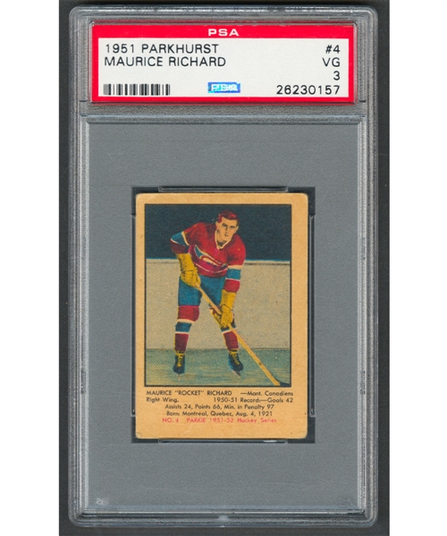 1951-52 Parkhurst Hockey Card #4 HOFer Maurice Richard Rookie - Graded PSA 3