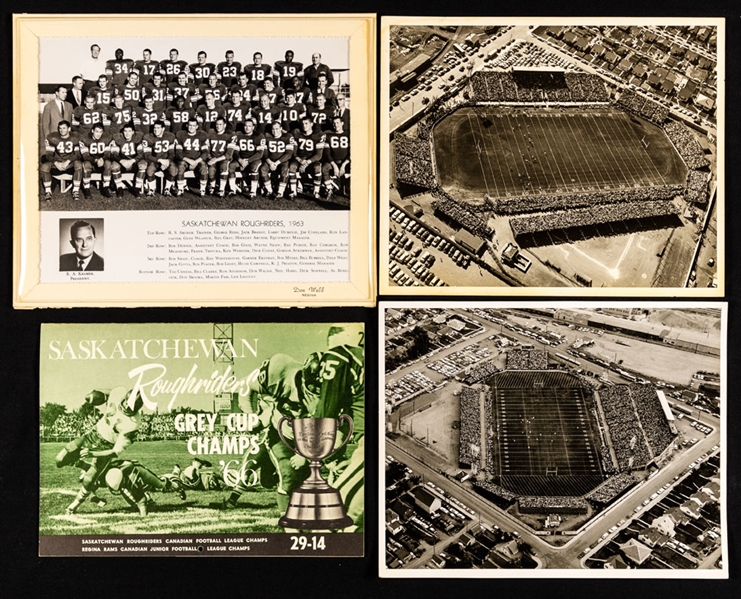 Saskatchewan Roughriders 1963 Presentation Team Photo, 1967 Calendar (1966 Grey Cup Champions) and 1940s/50s Taylor Field Aerial Photos (2) 