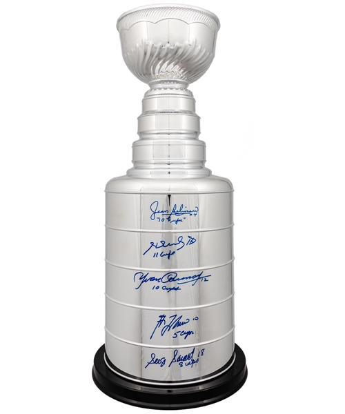 Huge Stanley Cup Replica Signed by 5 Montreal Canadiens HOFers with Annotations Including Jean Beliveau, Henri Richard and Guy Lafleur (25")