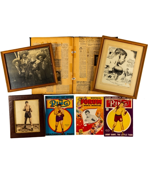 Johnny Grecos Boxing Memorabilia Collection Including Scrapbook with 1942 Fight Contract, Original Framed Artwork and Framed Photos
