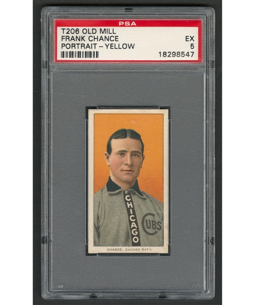 1909-11 T206 Baseball Card - HOFer Frank Chance (Portrait - Yellow Background - Old Mill Back) - Graded PSA 5