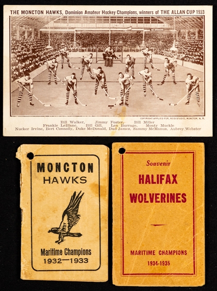 1932-33 Moncton Hawks Allan Cup Champions Team Postcard and Souvenir Player Photo Booklet Plus 1933-34 Halifax Wolverines Souvenir Player Photo Booklet 