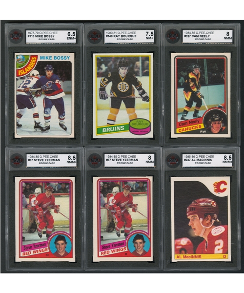 1978-79 to 1985-86 O-Pee-Chee Hockey KSA-Graded Rookie Cards (8) Including Mike Bossy, Ray Bourque, Steve Yzerman (3), Cam Neely (2) and Al MacInnis Plus Ungraded Rookie Cards (6)