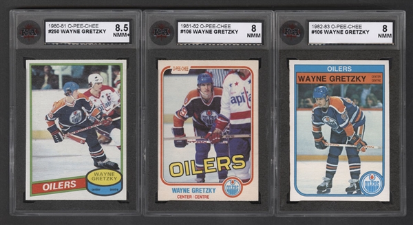 1980-81 to 1991-92 Wayne Gretzky Hockey Card Collection (23) Including 1980-81 O-Pee-Chee #250 (Graded KSA 8.5), 1981-82 O-Pee-Chee #106 (Graded KSA 8) and 1982-83 O-Pee-Chee #106 (Graded KSA 8)
