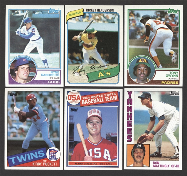 1980, 1983, 1984, 1985 and 1989 Topps Baseball Complete Sets (5) - Includes Rookie Cards of Henderson, Gwynn, Sandberg, Boggs, Mattingly, McGwire, Puckett and Clemens