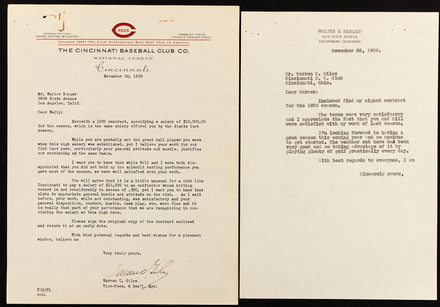 Warren Giles Signed 1938 Cincinnati Reds Letter in Regards to Wally Bergers Contract Plus Wally Berger 1933 Goudey and 1935 Diamond Stars Cards and 1938 Our National Game Pin