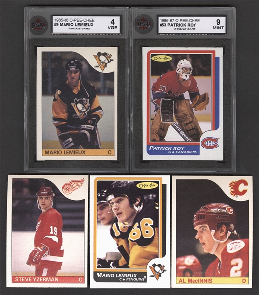 1985-86 and 1986-87 O-Pee-Chee Hockey Complete 264-Card Sets - Includes 1985-86 Card #9 HOFer Mario Lemieux Rookie (KSA 4) and 1986-87 Card #53 HOFer Patrick Roy Rookie (KSA 9)