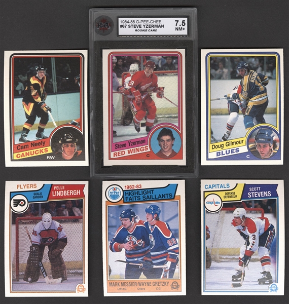 1983-84 (395/396) and 1984-85 (394/396) O-Pee-Chee Hockey Near Complete Sets (2) Plus Box and 40 Wrappers for Each - Includes 1984-85 Card #67 HOFer Steve Yzerman Rookie (Graded KSA 7.5)