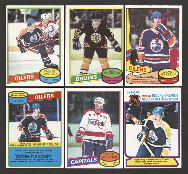 1980-81 O-Pee-Chee Hockey Near Complete Card Set (391/396) Including #140 Bourque RC and #250 Gretzky Plus 1980-81 O-Pee-Chee Super Photos (3 Sets) and Two Display Boxes