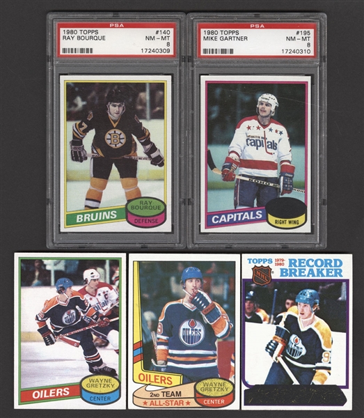 1980-81 Topps Hockey Complete 396-Card Set with PSA-Graded NM-MT 8 Ray Bourque and Mike Gartner Rookie Cards Plus 1980-81 Topps Team Posters Set (16) and Wrapper