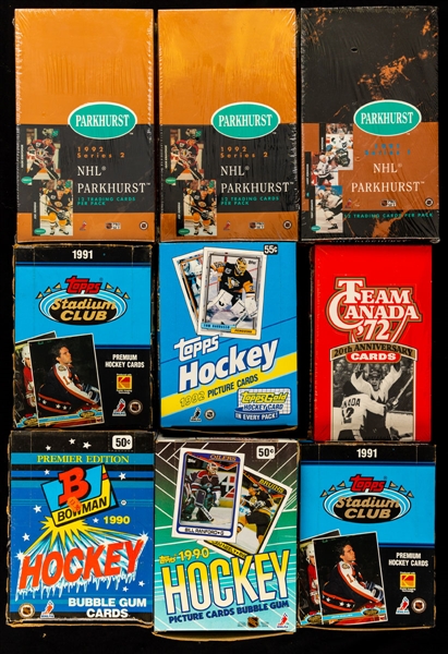 1990-91 to 1992-93 Topps, Future Trends, Parkhurst, Topps Stadium Club and Bowman Hockey Wax Boxes (13)