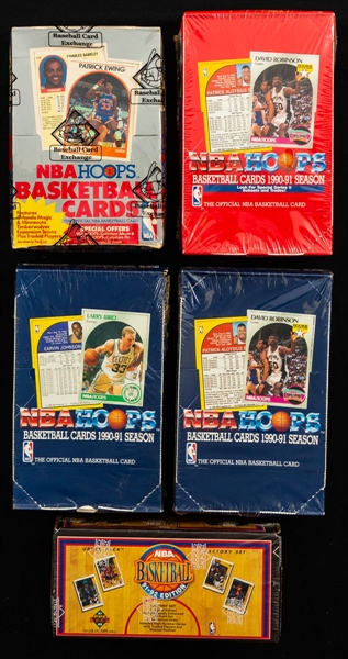 1989-90 to 1991-92 Hoops, Fleer, Skybox and Upper Deck NBA Basketball Wax Boxes (13 Boxes - 9 are Factory Sealed & 1989-90 NBA Hoops Series 2 is BBCE Certified) Plus Factory Set (1)