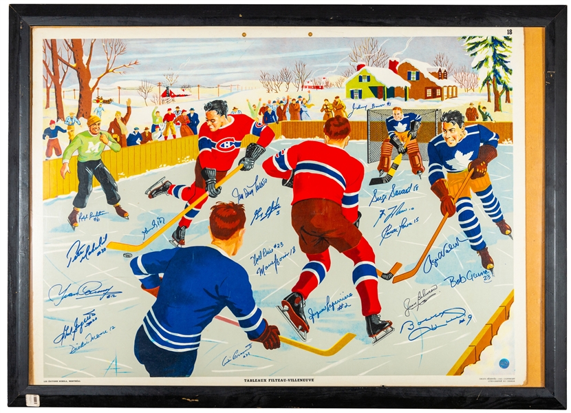 Vintage 1947 Montreal Canadiens and Toronto Maple Leafs Schola Lithograph on Board Signed by 20 Including Henri Richard, Beliveau, Moore, Savard, Lafleur, Gainey, Bower & Other Greats (31" x 42")