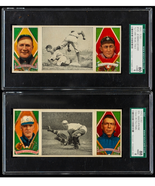 1912 Hassan Triple Folder T202 Baseball Cards #129 Ty Cobb Steals Third/Jennings/Cobb (Graded SGC 6), #35 White/Payne (Graded SGC 8) and #55 Titus/Dooin Plus 1912 Hassan Cigarette Packs (2)