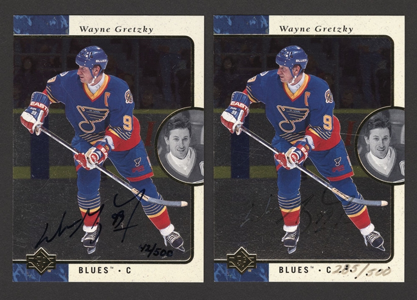 1995-96 Upper Deck Hockey #127 HOFer Wayne Gretzky Signed Cards (2) (42/500 & 285/500) - Both Upper Deck Certified