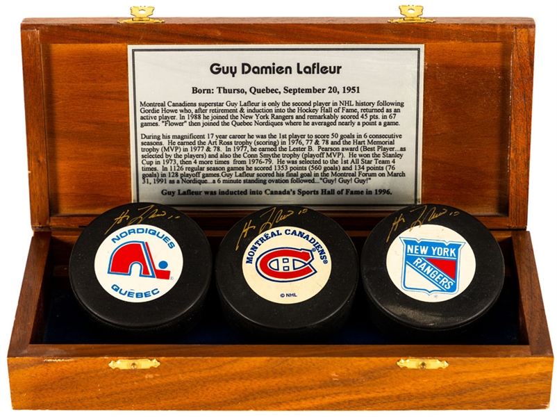 Guy Lafleur Signed Collection of 5 including Boxed Team Set Pucks and Lafleur and Vladislav Tretiak Dual-Signed Framed Display (18” x 22”) 