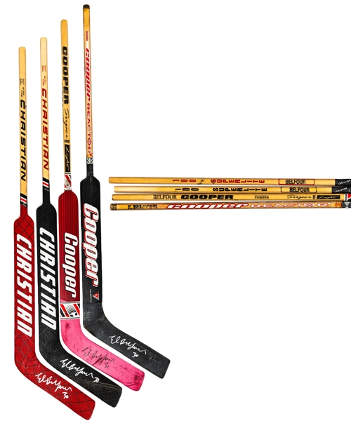 Ed Belfours Chicago Black Hawks Signed Game-Issued Cooper and Christian Stick Collection of 4 from His Personal Collection with His Signed LOA