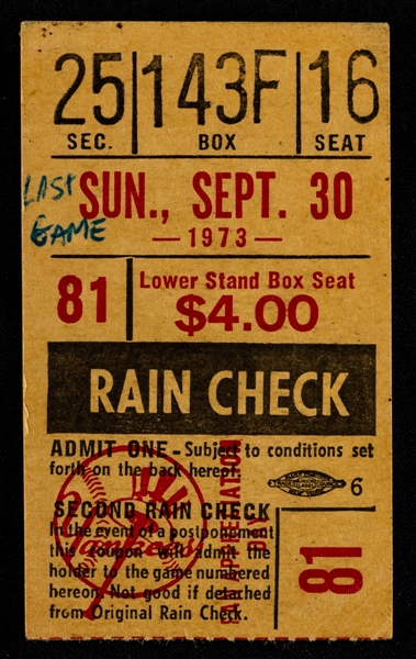New York Yankees September 30, 1973 "Last Game at Old Yankee Stadium" Ticket Stub 