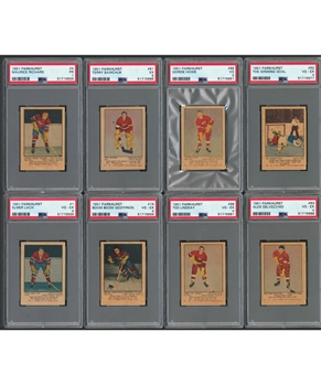 1951-52 Parkhurst Hockey Complete 105-Card Set with 96 PSA-Graded Cards Including #4 HOFer Maurice Richard RC (PSA 1), #61 HOFer Terry Sawchuk RC (PSA 5) and #66 HOFer Gordie Howe RC (PSA 3)