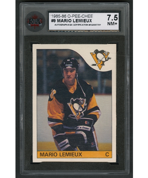 1985-86 O-Pee-Chee Hockey #9 HOFer Mario Lemieux Signed Rookie Card - Graded KSA 7.5