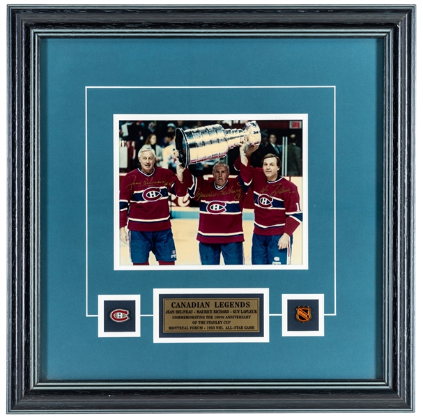 Montreal Canadiens Legends Maurice Richard, Jean Beliveau and Guy Lafleur Triple-Signed Framed Photo Display with COA (21" x 21")