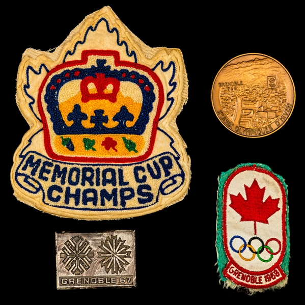 Brian Glennies 1968 Grenoble Winter Olympics Participation Medal and Team Canada Patch Plus 1966-67 Toronto Marlboros Memorial Cup Champions Patch with Family LOA