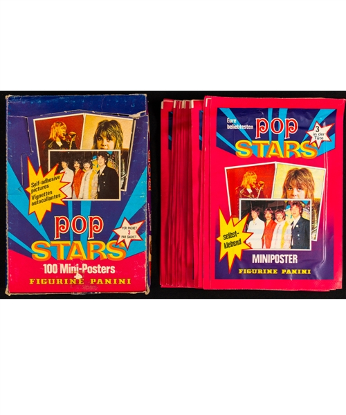Rare 1975 Panini Pop Stars Mini-Poster Sticker Partial Box (24 Unopened Packs) - Set Includes Jimi Hendrix, Janis Joplin, The Beatles, Led Zeppelin, Queen, Bob Dylan, David Bowie & Other Legends++