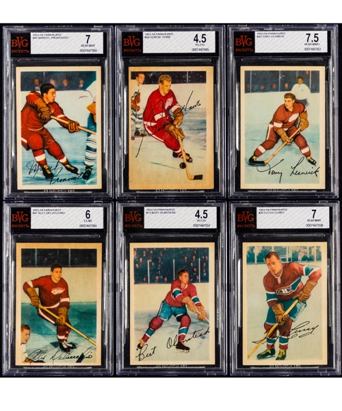 1953-54 Parkhurst Hockey Starter Set (81/100) with 8 Beckett-Graded Cards Including #50 HOFer Gordie Howe (BVG 4.5) and #50 HOFer Alex Delvecchio (BVG 6)