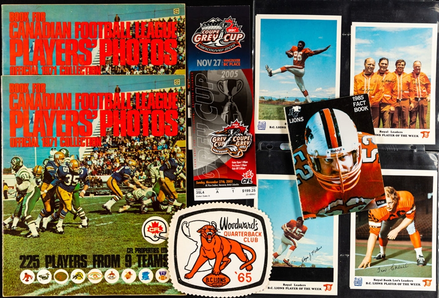 BC Lions CFL Collection with 1965 Quarterback Club Patch, Team-Issued Player Photos and 2011 Grey Cup Full Ticket Plus 1971 CFL Sticker Albums (2) including One Complete 