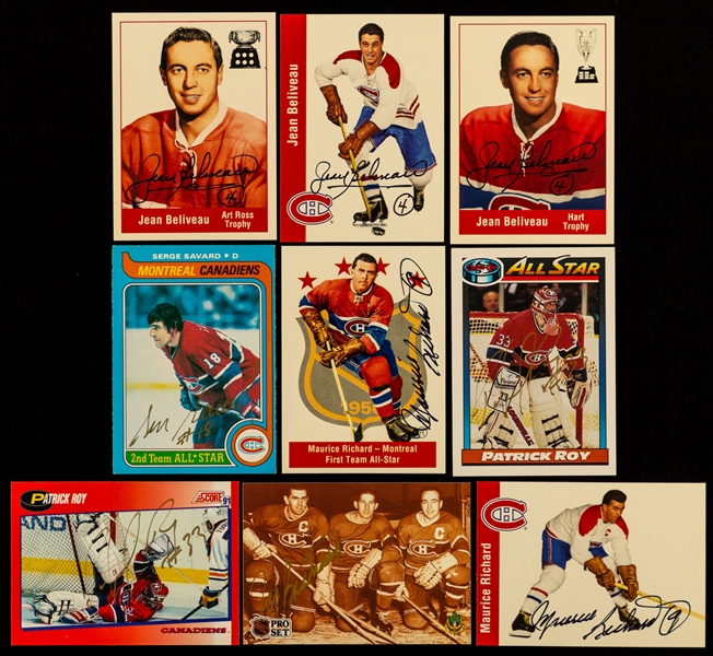 1994 Parkhurst Missing Link (1956-57 Parkhurst) Signed Hockey Cards (6) of Maurice Richard (2) and Jean Beliveau (4) Plus Mostly Montreal Canadiens Signed Cards/Postcards (60+)