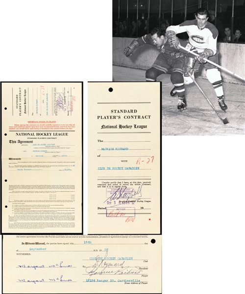 Maurice "Rocket" Richards 1952-53 Montreal Canadiens NHL Contract Signed by Deceased HOFers Richard, Raymond and Campbell 