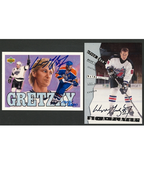 1992-93 Upper Deck Wayne Gretzky Hockey Heroes Signed Card 1302/2800 (UDA Authenticated) and 1994-95 Be A Player Wayne Gretzky Signed Card