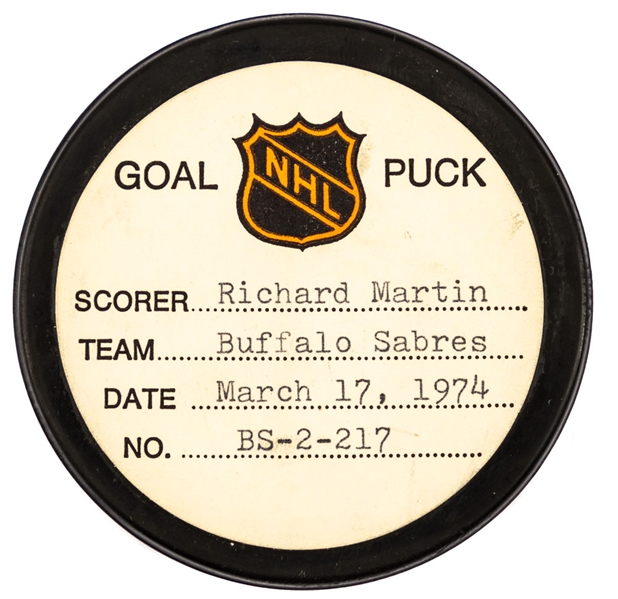 Richard Martin’s Buffalo Sabres March 17th 1974 Goal Puck from the NHL Goal Puck Program - Season Goal #45 of 52 / Career Goal #126 of 384 - 2nd Goal of Hat Trick