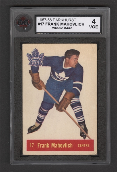 1957-58 Parkhurst Hockey #17 HOFer Frank Mahovlich Rookie Card - Graded KSA 4