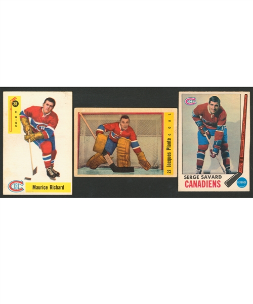 1958-59 Parkhurst Hockey Card #38 HOFer Maurice Richard, 1958-59 Parkhurst #22 HOFer Jacques Plante and 1969-70 O-Pee-Chee #4 HOFer Serge Savard Rookie