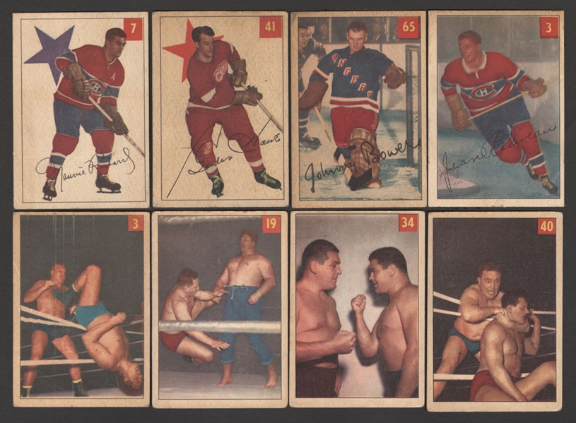 1954-55 Parkhurst Hockey Near Complete Low Grade Set (87/100) and 1954-55 Parkhurst Wrestling Complete 75-Card Set