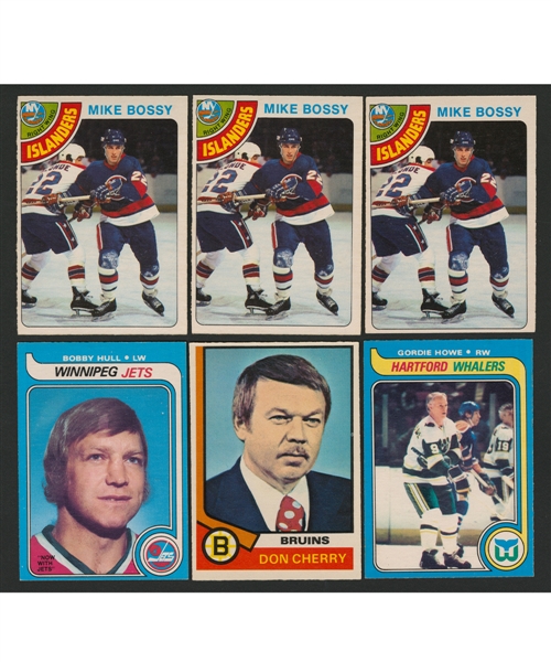 1978-79 O-Pee-Chee Hockey Card #115 HOFer Mike Bossy Rookie (7), 1974-75 O-Pee-Chee Hockey Card #161 Don Cherry Rookie (5), 1979-80 O-Pee-Chee Hockey Cards of HOFers Howe & Hull (9) Plus Wrappers