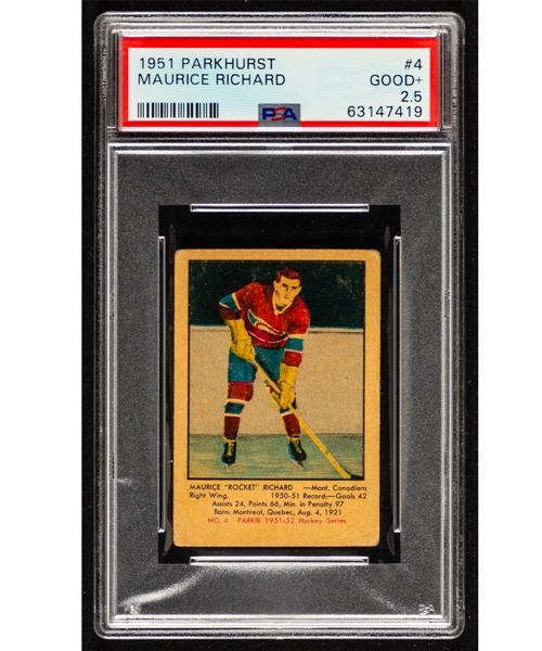 1951-52 Parkhurst Hockey Card #4 HOFer Maurice Richard Rookie - Graded PSA 2.5